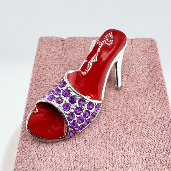 Vintage Red Hat Society Brooch – Rhinestone High Heel Pin Purple & Red Glam - Picture 6 of 7